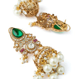 Gold Plated Green Womens Kundan Polki Necklace Set with Pair of Earrings & Maangtikka