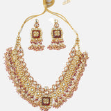 Gold Plated Red Womens Kundan Polki Necklace Set with Pair of Earrings