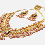 Gold Plated Red Womens Kundan Polki Necklace Set with Pair of Earrings