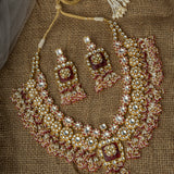 Gold Plated Red Womens Kundan Polki Necklace Set with Pair of Earrings