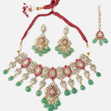 Gold Plated Multicolored Womens Kundan Polki Necklace Set with Pair of Earrings & Maangtikka