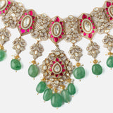 Gold Plated Multicolored Womens Kundan Polki Necklace Set with Pair of Earrings & Maangtikka