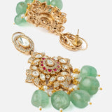 Gold Plated Multicolored Womens Kundan Polki Necklace Set with Pair of Earrings & Maangtikka