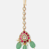 Gold Plated Multicolored Womens Kundan Polki Necklace Set with Pair of Earrings & Maangtikka