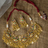 Gold Plated Green Womens Synthetic Stone Necklace Set with Pair of Earrings