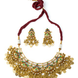 Gold Plated Green Womens Synthetic Stone Necklace Set with Pair of Earrings