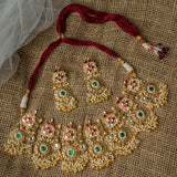 Gold Plated Green Womens Kundan Polki Necklace Set with Pair of Earrings
