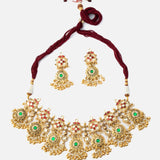 Gold Plated Green Womens Kundan Polki Necklace Set with Pair of Earrings