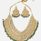 Gold Plated Green Womens Kundan Polki Necklace Set with Pair of Earrings