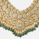 Gold Plated Green Womens Kundan Polki Necklace Set with Pair of Earrings