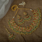 Gold Plated Pink Womens Synthetic Stone Necklace Set with Pair of Earrings & Maangtikka