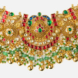 Gold Plated Pink Womens Synthetic Stone Necklace Set with Pair of Earrings & Maangtikka