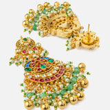 Gold Plated Pink Womens Synthetic Stone Necklace Set with Pair of Earrings & Maangtikka
