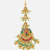 Gold Plated Pink Womens Synthetic Stone Necklace Set with Pair of Earrings & Maangtikka