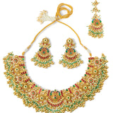 Gold Plated Pink Womens Synthetic Stone Necklace Set with Pair of Earrings & Maangtikka