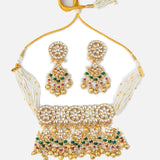 Gold Plated Green Womens Kundan Polki Necklace Set with Pair of Earrings
