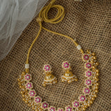Gold Plated Pink Womens Synthetic Stone Necklace Set with Pair of Earrings