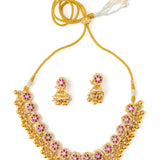 Gold Plated Pink Womens Synthetic Stone Necklace Set with Pair of Earrings