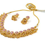 Gold Plated Pink Womens Synthetic Stone Necklace Set with Pair of Earrings