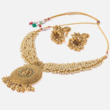 Saadgi Gold Plated White Womens Short Necklace Set with Pair of Earrings