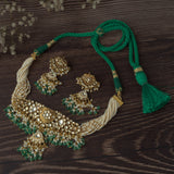 Gold Plated Green Womens Choker Necklace Set with Pair of Earrings