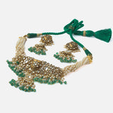 Gold Plated Green Womens Choker Necklace Set with Pair of Earrings