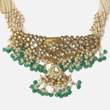 Gold Plated Green Womens Choker Necklace Set with Pair of Earrings