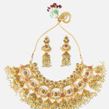 Gold Plated Multicolored Womens Kundan Polki Necklace Set with Pair of Earrings