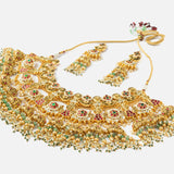 Gold Plated Multicolored Womens Kundan Polki Necklace Set with Pair of Earrings