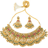 Gold Plated Multicolored Womens Kundan, Polki Necklace Set with Pair of Earrings