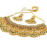 Gold Plated Multicolored Womens Kundan, Polki Necklace Set with Pair of Earrings
