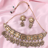 Saadgi Gold Plated Green Womens Short Necklace Set with Pair of Earrings