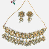 Saadgi Gold Plated Green Womens Short Necklace Set with Pair of Earrings