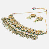 Saadgi Gold Plated Green Womens Short Necklace Set with Pair of Earrings