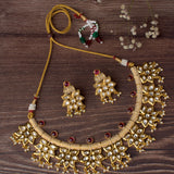 Saadgi Gold Plated Red Womens Short Necklace Set with Pair of Earrings