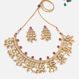 Saadgi Gold Plated Red Womens Short Necklace Set with Pair of Earrings