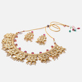 Saadgi Gold Plated Red Womens Short Necklace Set with Pair of Earrings