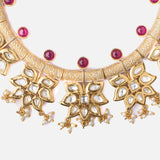 Saadgi Gold Plated Red Womens Short Necklace Set with Pair of Earrings