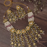 Saadgi Gold Plated Green Womens Choker Necklace Set with Pair of Earrings