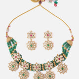 Saadgi Gold Plated Green Womens Choker Necklace Set with Pair of Earrings