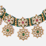 Saadgi Gold Plated Green Womens Choker Necklace Set with Pair of Earrings