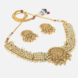 Gold Plated White Womens Pearl Short Necklace Set with Pair of Earrings