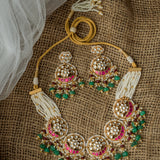 Gold Plated Multicolored Womens Kundan, Polki Necklace Set with Pair of Earrings