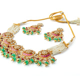 Gold Plated Multicolored Womens Kundan, Polki Necklace Set with Pair of Earrings