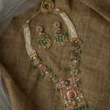 Gold Plated Multicolored Womens Kundan Polki Necklace Set with Pair of Earrings