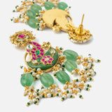 Gold Plated Multicolored Womens Kundan Polki Necklace Set with Pair of Earrings