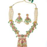 Gold Plated Multicolored Womens Kundan Polki Necklace Set with Pair of Earrings