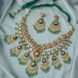 Saadgi Gold Plated Green Womens Short Necklace Set with Pair of Earrings