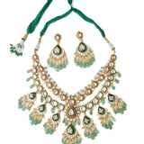 Saadgi Gold Plated Green Womens Short Necklace Set with Pair of Earrings