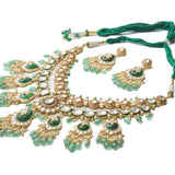 Saadgi Gold Plated Green Womens Short Necklace Set with Pair of Earrings